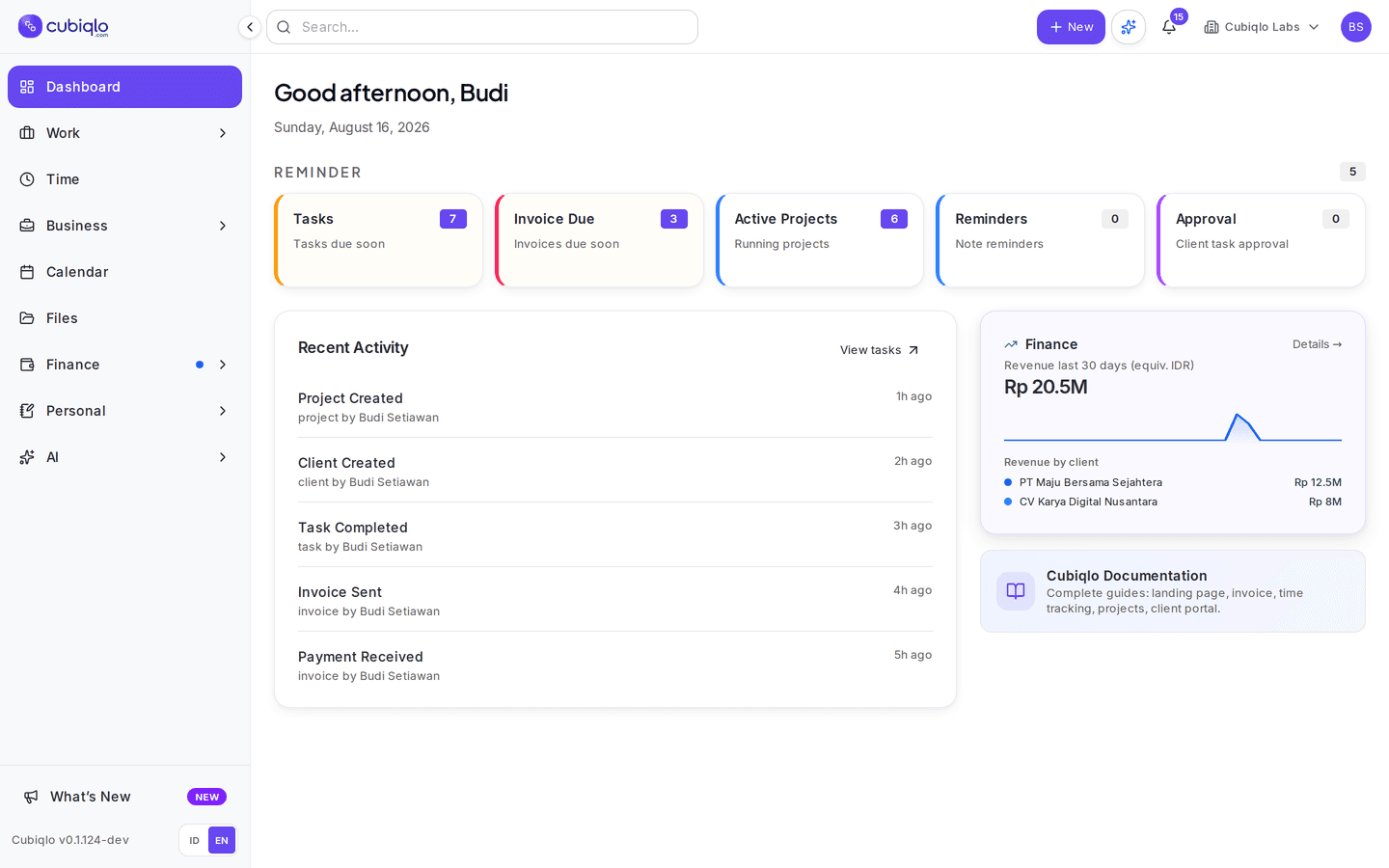 Dashboard Cubiqlo untuk mengelola klien, proyek, tugas, dan invoice