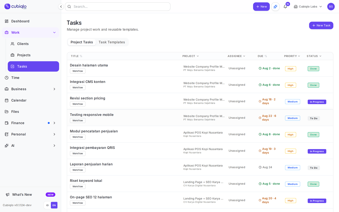 Tampilan task dan pekerjaan di Cubiqlo